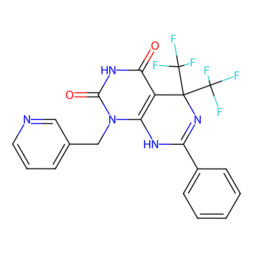 7-phenyl-1-(pyridin-3-ylmethyl)-5,5-bis(trifluoromethyl)-5,8-dihydropyrimido[4,5-d]pyrimidine-2,4(1H,3H)-dione structure