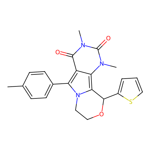 1,3-dimethyl-10-(thiophen-2-yl)-5-(p-tolyl)-7,8-dihydro-1H-pyrimido[4',5':3,4]pyrrolo[2,1-c][1,4]oxazine-2,4(3H,10H)-dione structure