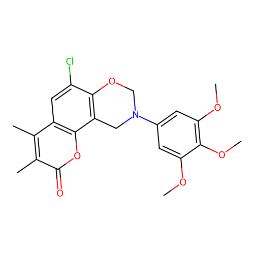 6-chloro-3,4-dimethyl-9-(3,4,5-trimethoxyphenyl)-9,10-dihydro-2H,8H-chromeno[8,7-e][1,3]oxazin-2-one structure