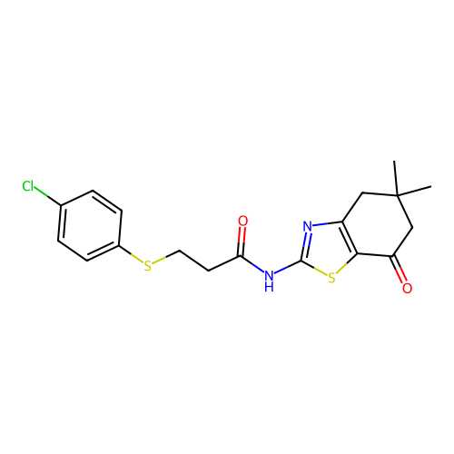 3-[(4-chlorophenyl)sulfanyl]-N-(5,5-dimethyl-7-oxo-4,5,6,7-tetrahydro-1,3-benzothiazol-2-yl)propanamide structure