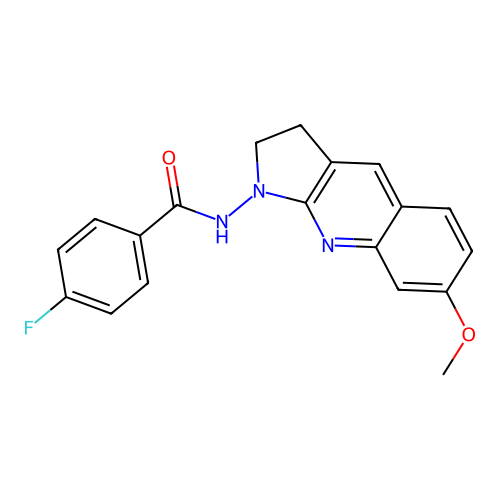 4-fluoro-N-(7-methoxy-2,3-dihydro-1H-pyrrolo[2,3-b]quinolin-1-yl)benzamide structure