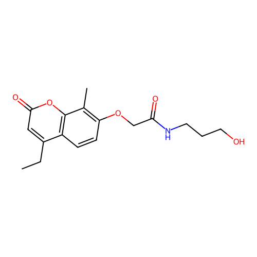 2-((4-ethyl-8-methyl-2-oxo-2H-chromen-7-yl)oxy)-N-(3-hydroxypropyl)acetamide structure