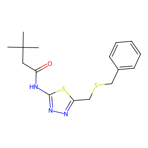 N-[5-(benzylsulfanylmethyl)-1,3,4-thiadiazol-2-yl]-3,3-dimethylbutanamide structure