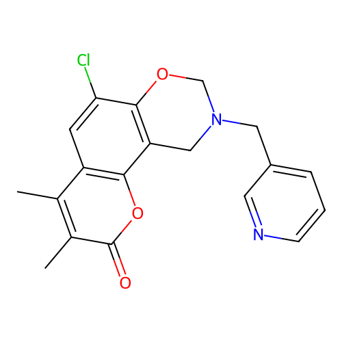 6-chloro-3,4-dimethyl-9-(pyridin-3-ylmethyl)-8,10-dihydropyrano[2,3-f][1,3]benzoxazin-2-one structure