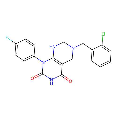 6-(2-chlorobenzyl)-1-(4-fluorophenyl)-5,6,7,8-tetrahydropyrimido[4,5-d]pyrimidine-2,4(1H,3H)-dione structure