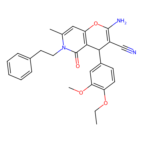 2-amino-4-(4-ethoxy-3-methoxyphenyl)-7-methyl-5-oxo-6-phenethyl-5,6-dihydro-4H-pyrano[3,2-c]pyridine-3-carbonitrile structure