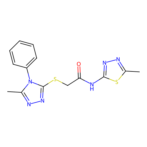 2-[(5-methyl-4-phenyl-1,2,4-triazol-3-yl)sulfanyl]-N-(5-methyl-1,3,4-thiadiazol-2-yl)acetamide structure