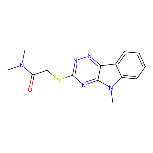 N,N-dimethyl-2-[(5-methyl-5H-[1,2,4]triazino[5,6-b]indol-3-yl)sulfanyl]acetamide structure