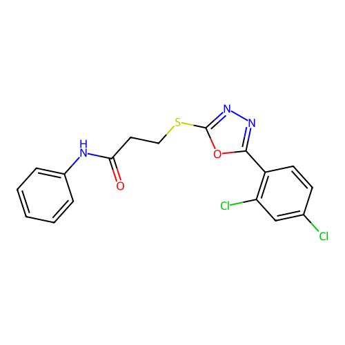 3-[[5-(2,4-dichlorophenyl)-1,3,4-oxadiazol-2-yl]sulfanyl]-N-phenylpropanamide structure
