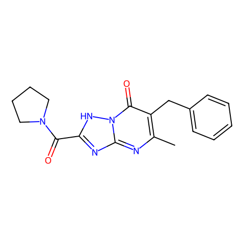 6-benzyl-5-methyl-2-(pyrrolidine-1-carbonyl)-[1,2,4]triazolo[1,5-a]pyrimidin-7(4H)-one structure