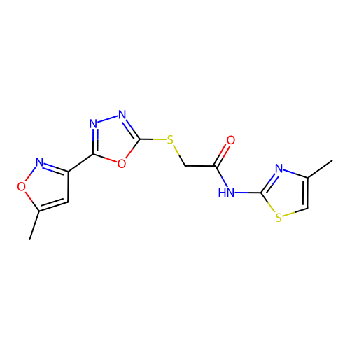 2-[[5-(5-methyl-1,2-oxazol-3-yl)-1,3,4-oxadiazol-2-yl]sulfanyl]-N-(4-methyl-1,3-thiazol-2-yl)acetamide structure