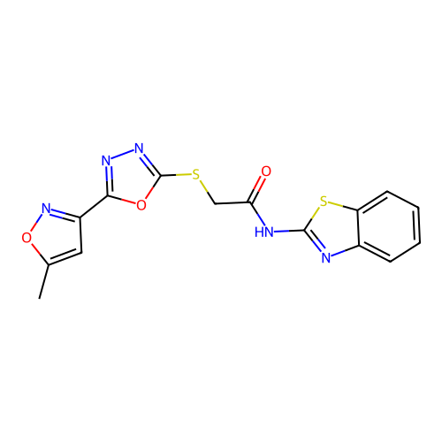 N-(1,3-benzothiazol-2-yl)-2-[[5-(5-methyl-1,2-oxazol-3-yl)-1,3,4-oxadiazol-2-yl]sulfanyl]acetamide structure