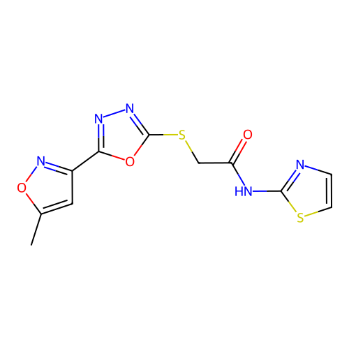2-((5-(5-methylisoxazol-3-yl)-1,3,4-oxadiazol-2-yl)thio)-N-(thiazol-2-yl)acetamide structure