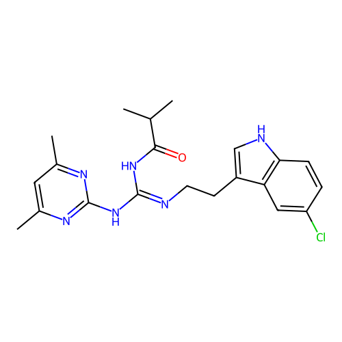 N-{(E)-{[2-(5-chloro-1H-indol-3-yl)ethyl]amino}[(4,6-dimethylpyrimidin-2-yl)amino]methylidene}-2-methylpropanamide structure