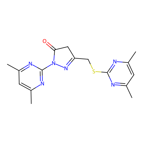 2-(4,6-dimethylpyrimidin-2-yl)-5-{[(4,6-dimethylpyrimidin-2-yl)sulfanyl]methyl}-2,4-dihydro-3H-pyrazol-3-one structure