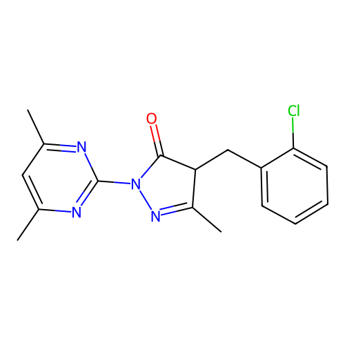 4-(2-chlorobenzyl)-2-(4,6-dimethylpyrimidin-2-yl)-5-methyl-2,4-dihydro-3H-pyrazol-3-one structure