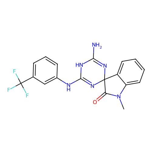 4'-amino-1-methyl-6'-{[3-(trifluoromethyl)phenyl]amino}-5'H-spiro[indole-3,2'-[1,3,5]triazin]-2(1H)-one structure