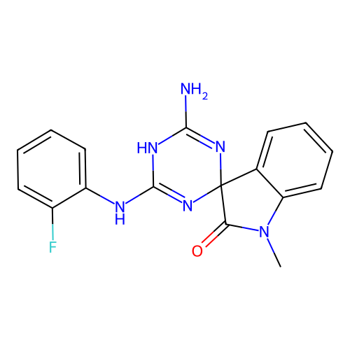 2-amino-6-[(2-fluorophenyl)amino]-7-methylspiro[1H-1,3,5-triazine-4,3'-indolin e]-8-one structure