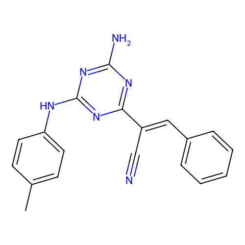 (2E)-2-{4-amino-6-[(4-methylphenyl)amino]-1,3,5-triazin-2-yl}-3-phenylprop-2-enenitrile structure