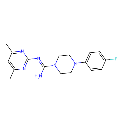 N-(4,6-dimethylpyrimidin-2-yl)-4-(4-fluorophenyl)piperazine-1-carboximidamide structure