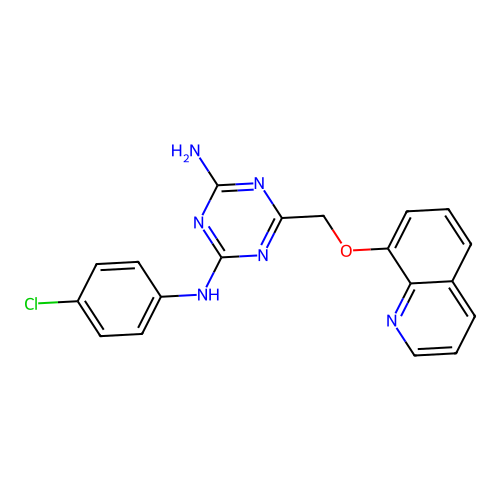 N-(4-chlorophenyl)-6-[(quinolin-8-yloxy)methyl]-1,3,5-triazine-2,4-diamine structure