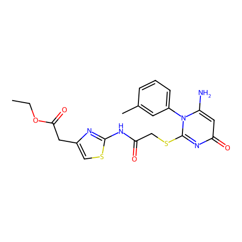 ethyl {2-[({[6-amino-1-(3-methylphenyl)-4-oxo-1,4-dihydropyrimidin-2-yl]sulfanyl}acetyl)amino]-1,3-thiazol-4-yl}acetate structure
