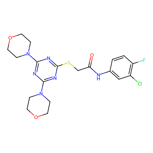 N-(3-chloro-4-fluorophenyl)-2-[(4,6-dimorpholin-4-yl-1,3,5-triazin-2-yl)sulfanyl]acetamide structure
