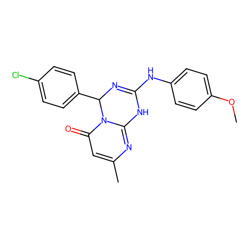 4-(4-chlorophenyl)-2-(4-methoxyanilino)-8-methyl-1,4-dihydro-6H-pyrimido[1,2-a][1,3,5]triazin-6-one structure
