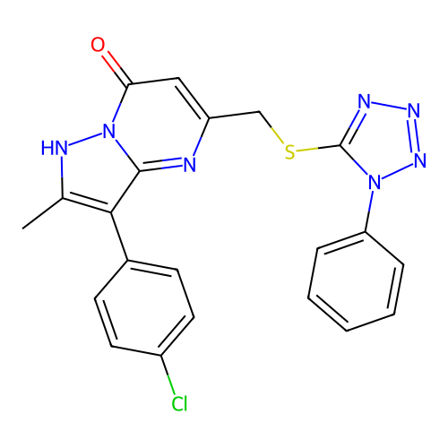3-(4-chlorophenyl)-2-methyl-5-{[(1-phenyl-1H-tetrazol-5-yl)sulfanyl]methyl}pyrazolo[1,5-a]pyrimidin-7(4H)-one structure