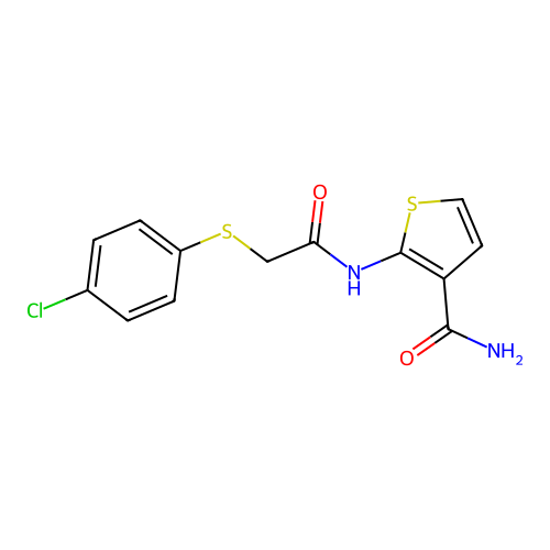 2-(2-((4-Chlorophenyl)thio)acetamido)thiophene-3-carboxamide structure