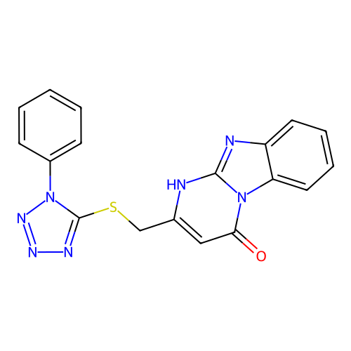 2-{[(1-phenyl-1H-tetrazol-5-yl)sulfanyl]methyl}pyrimido[1,2-a]benzimidazol-4(1H)-one structure