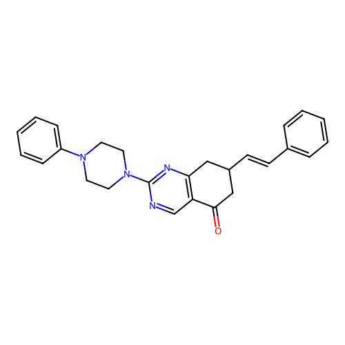 7-[(E)-2-phenylethenyl]-2-(4-phenylpiperazin-1-yl)-7,8-dihydroquinazolin-5(6H)-one structure