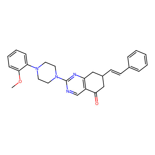2-[4-(2-methoxyphenyl)piperazin-1-yl]-7-[(E)-2-phenylethenyl]-7,8-dihydroquinazolin-5(6H)-one structure