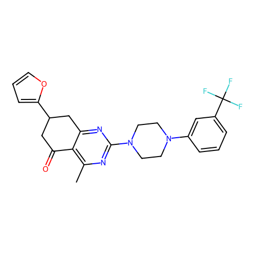 7-(furan-2-yl)-4-methyl-2-{4-[3-(trifluoromethyl)phenyl]piperazin-1-yl}-7,8-dihydroquinazolin-5(6H)-one structure