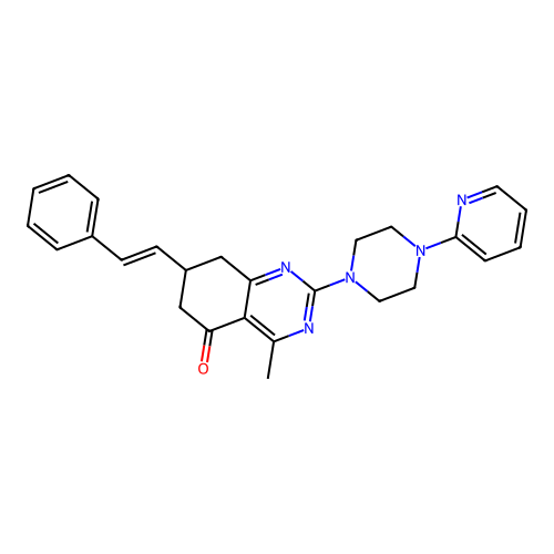 4-methyl-7-[(E)-2-phenylethenyl]-2-[4-(pyridin-2-yl)piperazin-1-yl]-7,8-dihydroquinazolin-5(6H)-one structure