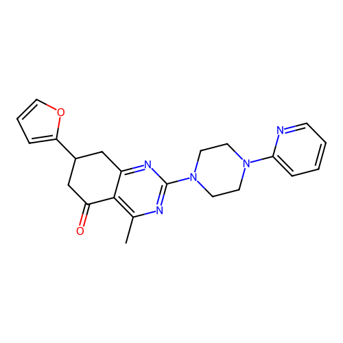7-(furan-2-yl)-4-methyl-2-[4-(pyridin-2-yl)piperazin-1-yl]-7,8-dihydroquinazolin-5(6H)-one structure
