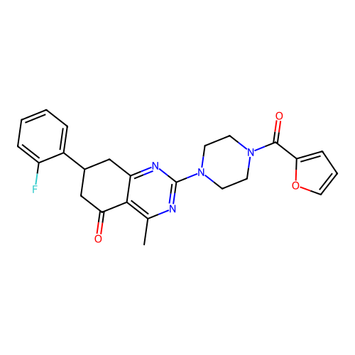 7-(2-fluorophenyl)-2-[4-(2-furoyl)piperazin-1-yl]-4-methyl-7,8-dihydroquinazolin-5(6H)-one structure
