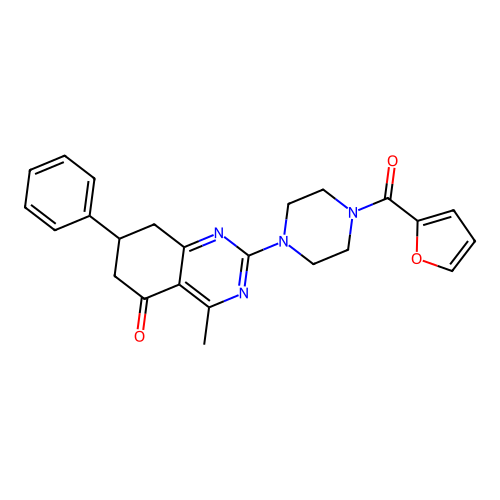 2-[4-(furan-2-ylcarbonyl)piperazin-1-yl]-4-methyl-7-phenyl-7,8-dihydroquinazolin-5(6H)-one structure