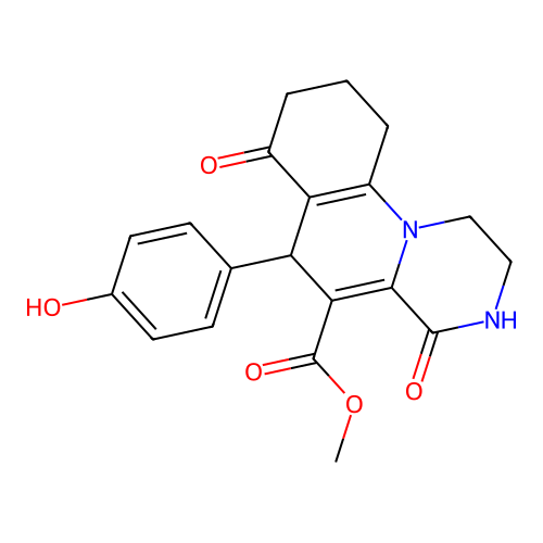methyl 6-(4-hydroxyphenyl)-4,7-dioxo-2,3,4,6,7,8,9,10-octahydro-1H-pyrazino[1,2-a]quinoline-5-carboxylate structure