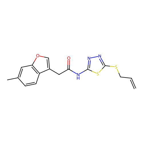 2-(6-methyl-1-benzofuran-3-yl)-N-[5-(prop-2-en-1-ylsulfanyl)-1,3,4-thiadiazol-2-yl]acetamide structure