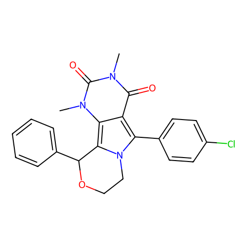 5-(4-chlorophenyl)-1,3-dimethyl-10-phenyl-1,7,8,10-tetrahydro-2H-pyrimido[4',5':3,4]pyrrolo[2,1-c][1,4]oxazine-2,4(3H)-dione structure
