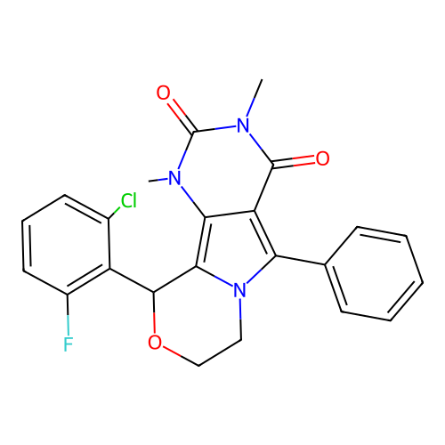 10-(2-chloro-6-fluorophenyl)-1,3-dimethyl-5-phenyl-1,7,8,10-tetrahydro-2H-pyrimido[4',5':3,4]pyrrolo[2,1-c][1,4]oxazine-2,4(3H)-dione structure