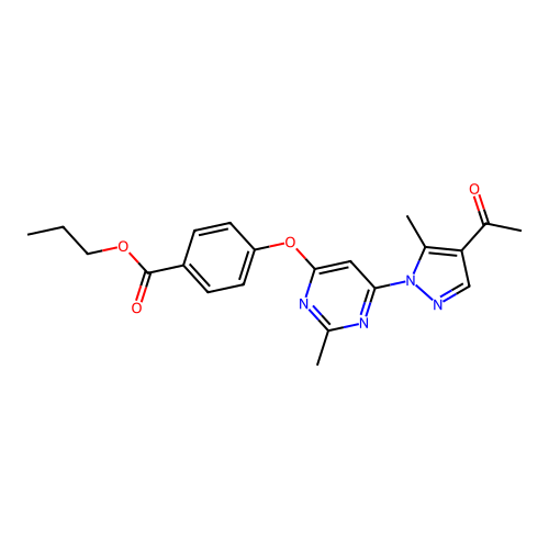 propyl 4-((6-(4-acetyl-5-methyl-1H-pyrazol-1-yl)-2-methylpyrimidin-4-yl)oxy)benzoate structure
