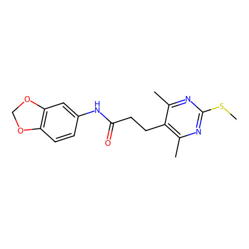 N-(1,3-benzodioxol-5-yl)-3-(4,6-dimethyl-2-methylsulfanylpyrimidin-5-yl)propanamide structure