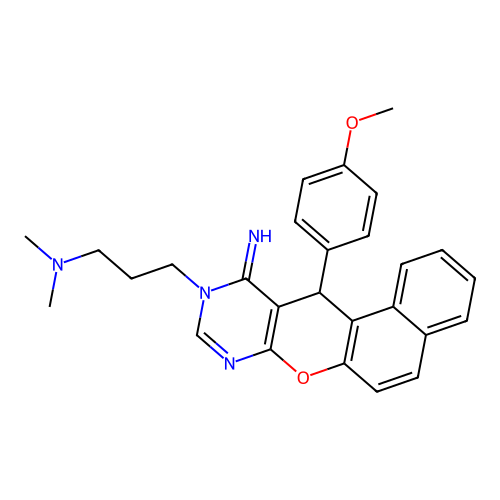 3-(11-imino-12-(4-methoxyphenyl)-11,12-dihydro-10H-benzo[5,6]chromeno[2,3-d]pyrimidin-10-yl)-N,N-dimethylpropan-1-amine structure