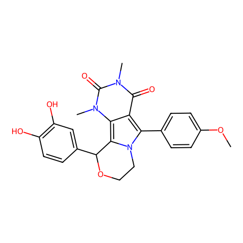 10-(3,4-dihydroxyphenyl)-5-(4-methoxyphenyl)-1,3-dimethyl-1,7,8,10-tetrahydro-2H-pyrimido[4',5':3,4]pyrrolo[2,1-c][1,4]oxazine-2,4(3H)-dione structure