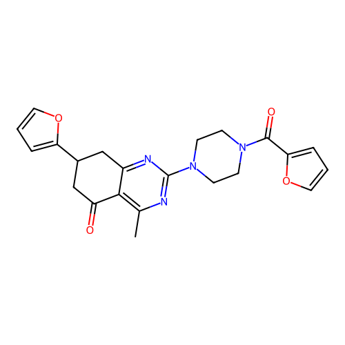 2-[4-(2-furoyl)piperazin-1-yl]-7-(2-furyl)-4-methyl-7,8-dihydroquinazolin-5(6H)-one structure