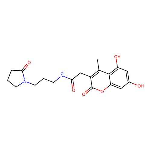 2-(5,7-dihydroxy-4-methyl-2-oxochromen-3-yl)-N-[3-(2-oxopyrrolidin-1-yl)propyl]acetamide structure