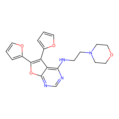 5,6-bis(furan-2-yl)-N-(2-morpholin-4-ylethyl)furo[2,3-d]pyrimidin-4-amine structure