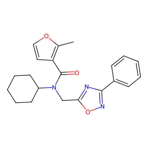 N-cyclohexyl-2-methyl-N-[(3-phenyl-1,2,4-oxadiazol-5-yl)methyl]furan-3-carboxamide structure